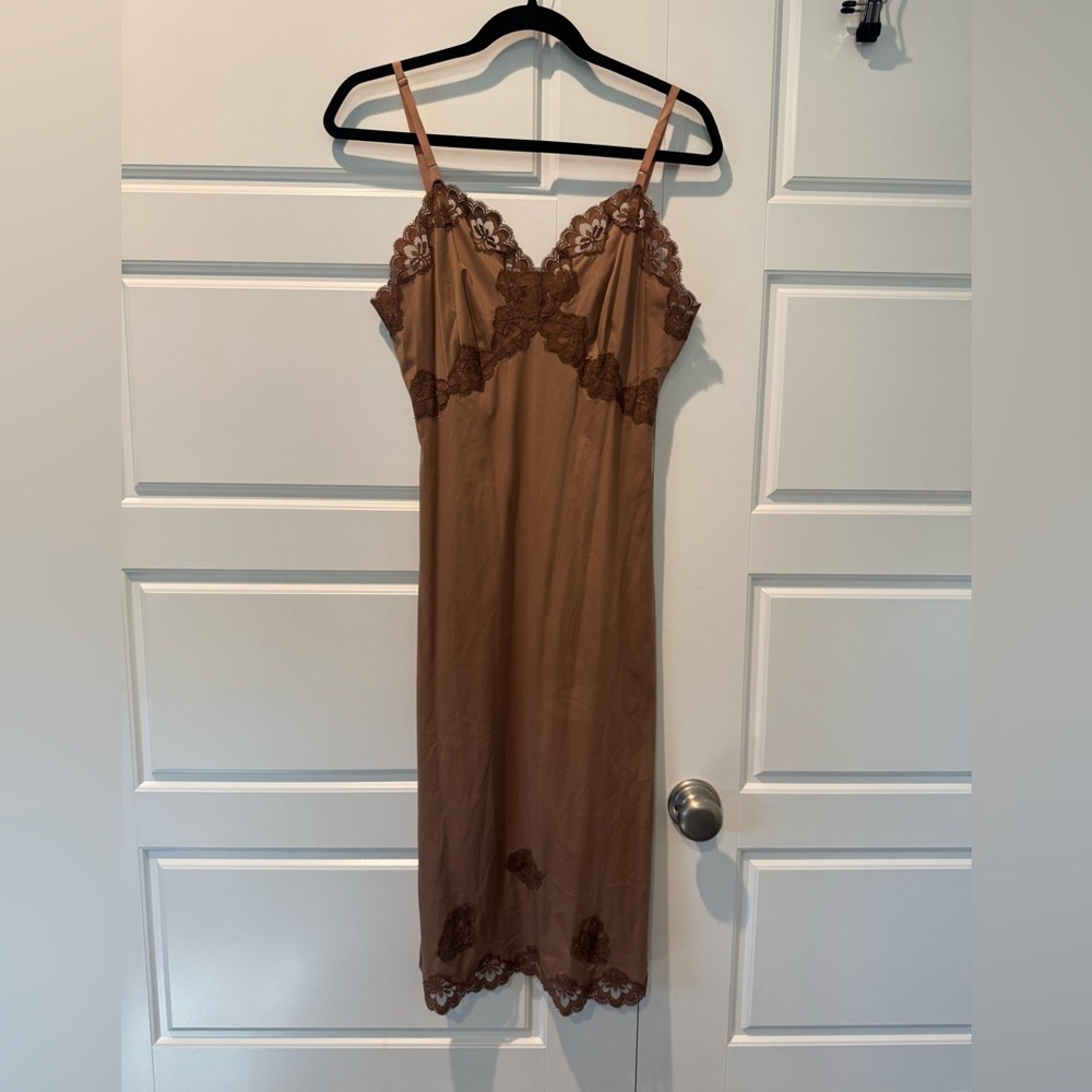Vintage Kayser Brown Lace Midi Slip Dress Coco Lace Hem & Neck Line Size Medium